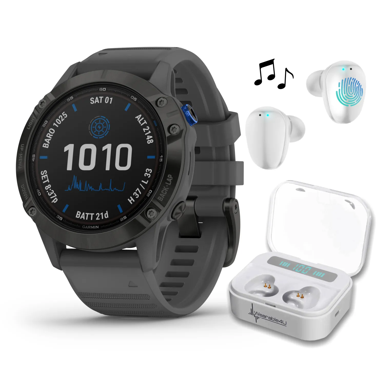 Garmin Fenix 6 Pro Solar Premium Multisport GPS Watches with Wearable4U Bundle (Earbuds or Power Pack)