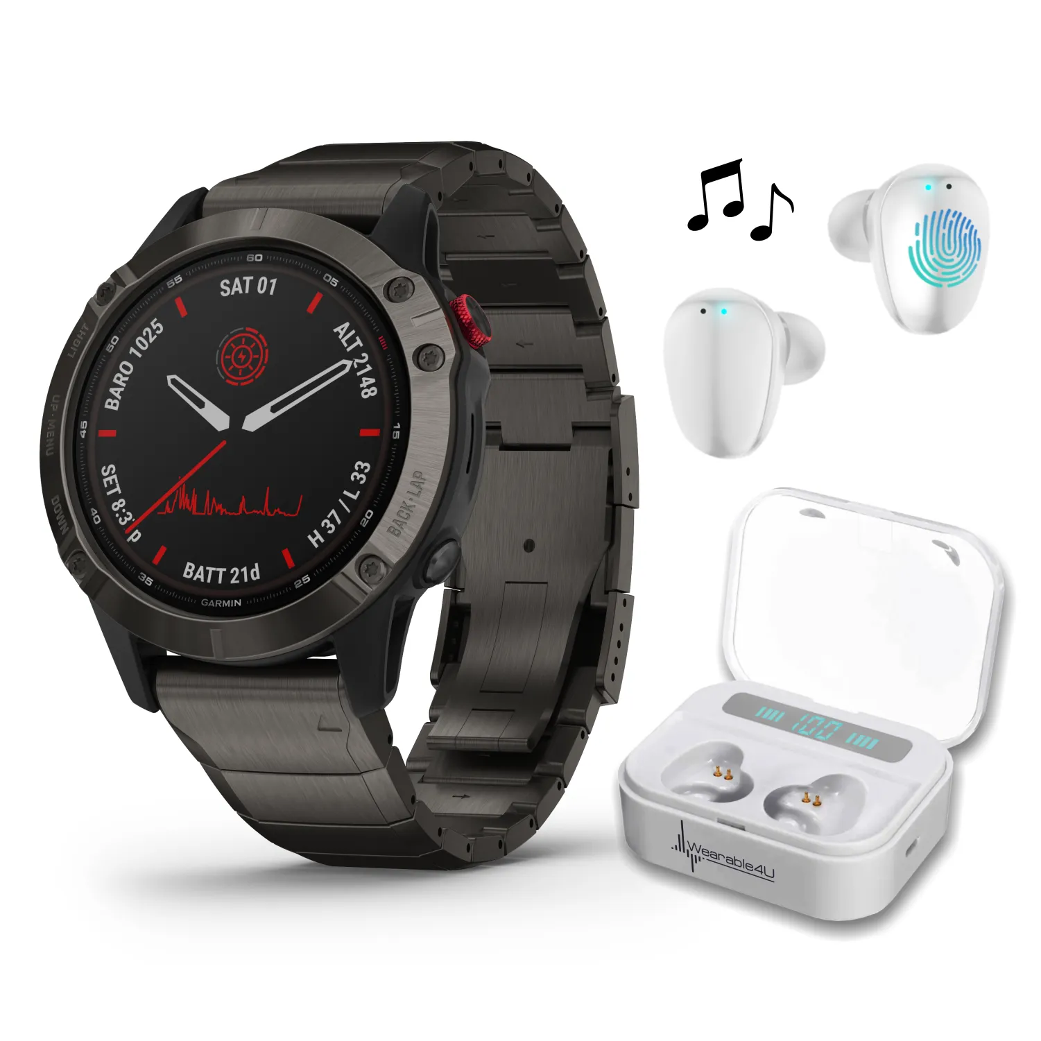 Garmin Fenix 6 Pro Solar Premium Multisport GPS Watches with Wearable4U Bundle (Earbuds or Power Pack)