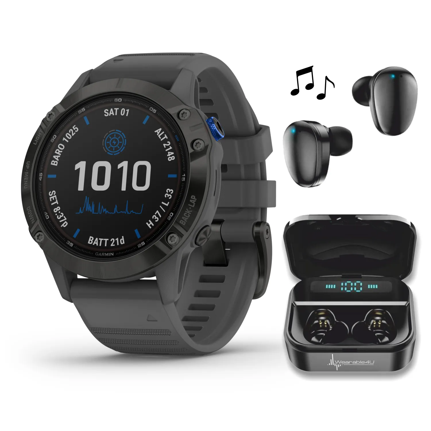 Garmin Fenix 6 Pro Solar Premium Multisport GPS Watches with Wearable4U Bundle (Earbuds or Power Pack)