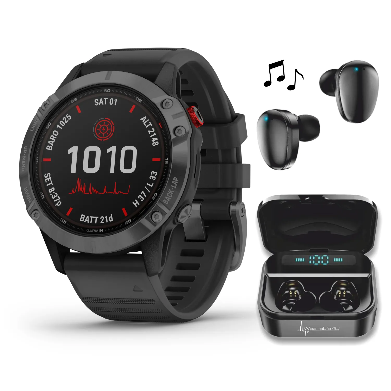 Garmin Fenix 6 Pro Solar Premium Multisport GPS Watches with Wearable4U Bundle (Earbuds or Power Pack)