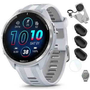 Garmin Forerunner 965 Smartwatch Whitestone and Gray with Charging Dock Bundle