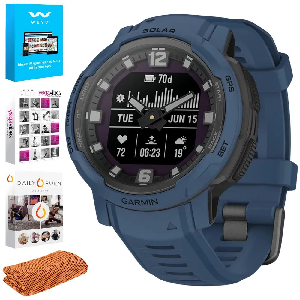 Garmin Instinct Crossover Solar Rugged Smartwatch, Tidal Blue w/ Fitness Bundle