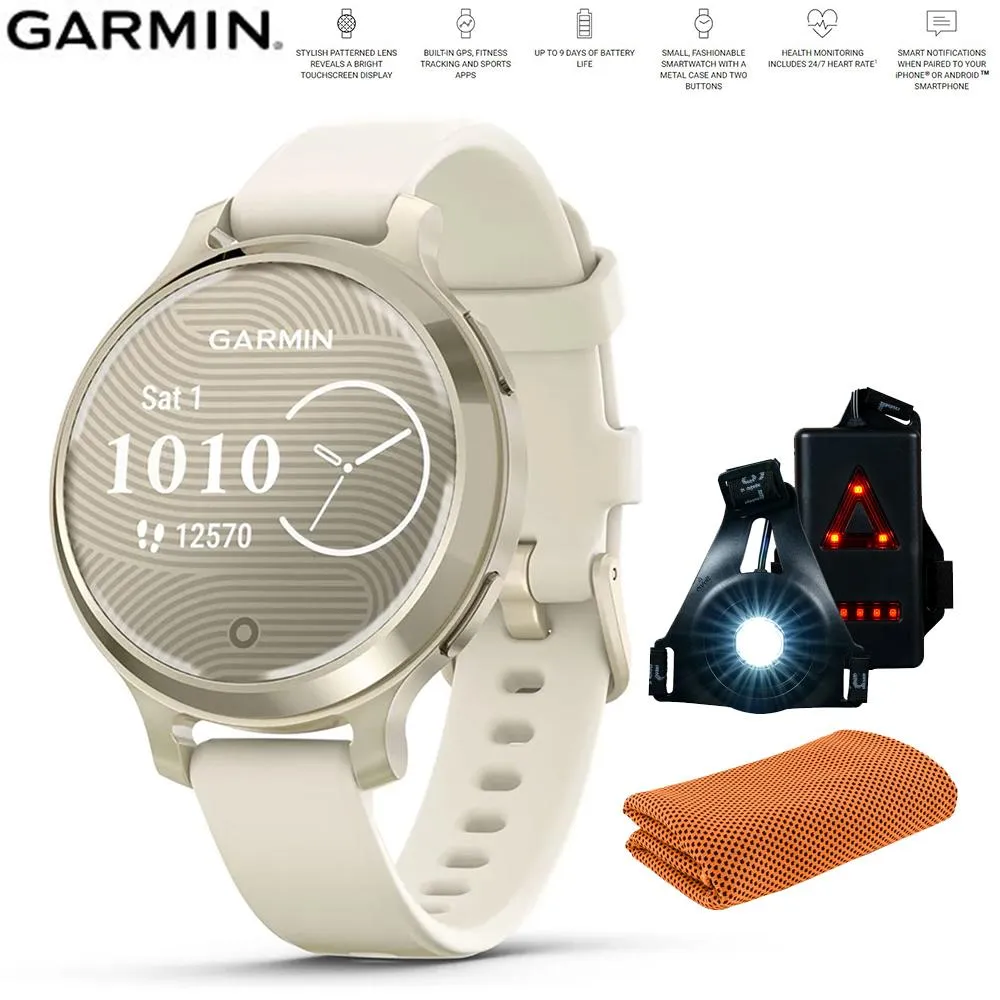 Garmin Lily 2 Active Smartwatch Gold with Bone Silicone Band   Towel and Light