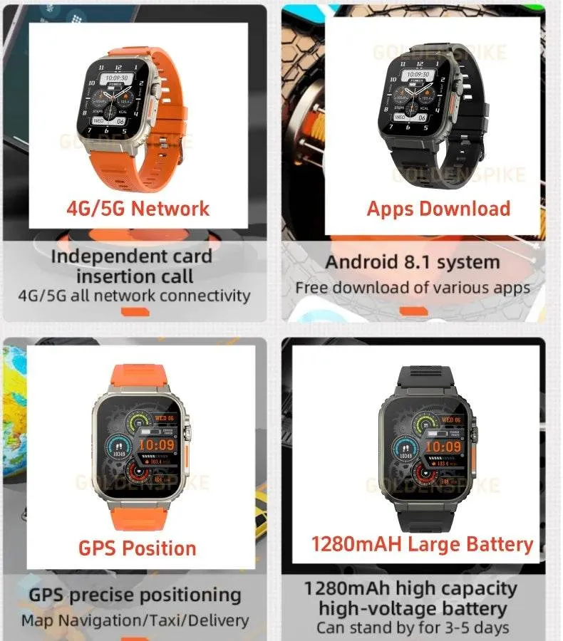 GOLDENSPIKE S10 Ultra Smartwatch 4G Android Titanium alloy 2.2inch AMOLED Screen with 8MP Camera WIFI GPS Google Play Store Smartwatch 256GB