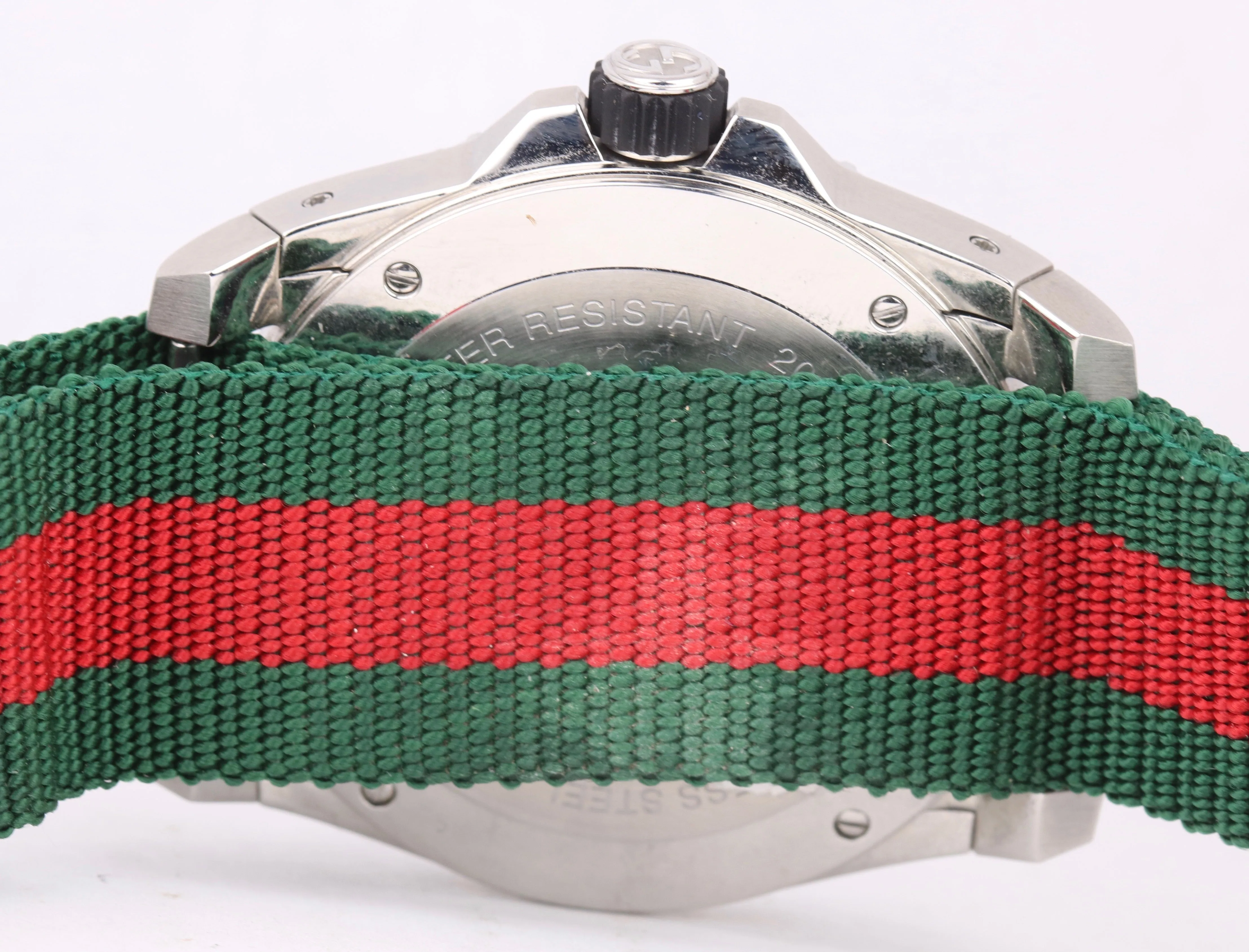 Gucci Dive Stainless Steel Date Quartz 45mm Striped 136.2 Nylon Strap Watch