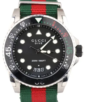 Gucci Dive Stainless Steel Date Quartz 45mm Striped 136.2 Nylon Strap Watch