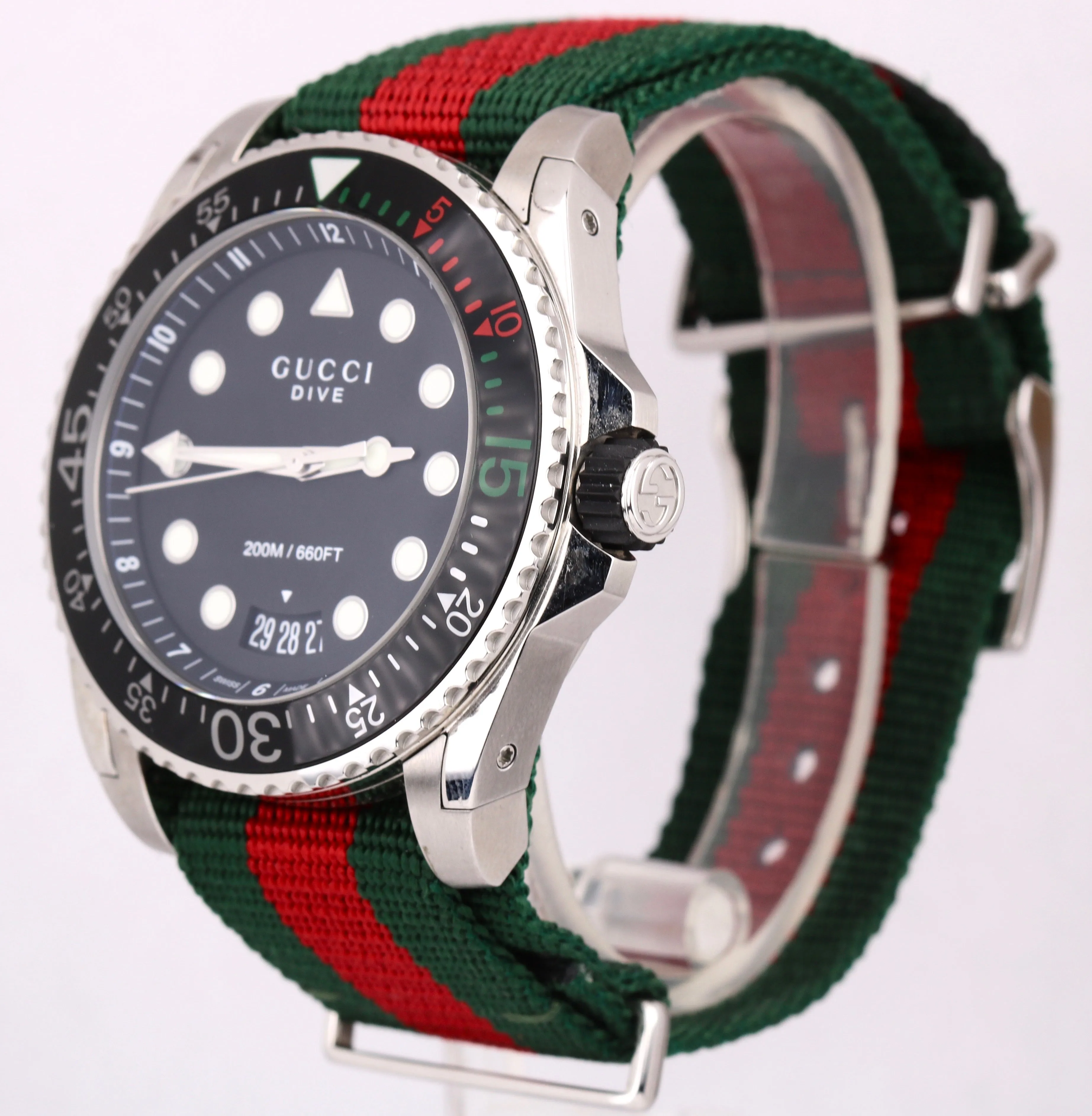 Gucci Dive Stainless Steel Date Quartz 45mm Striped 136.2 Nylon Strap Watch