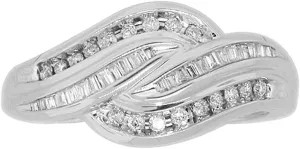 JewelMore 1/4 Carat10K White Gold Round & Baguette White Diamond Ladies Swirl Bypass Wedding Band
