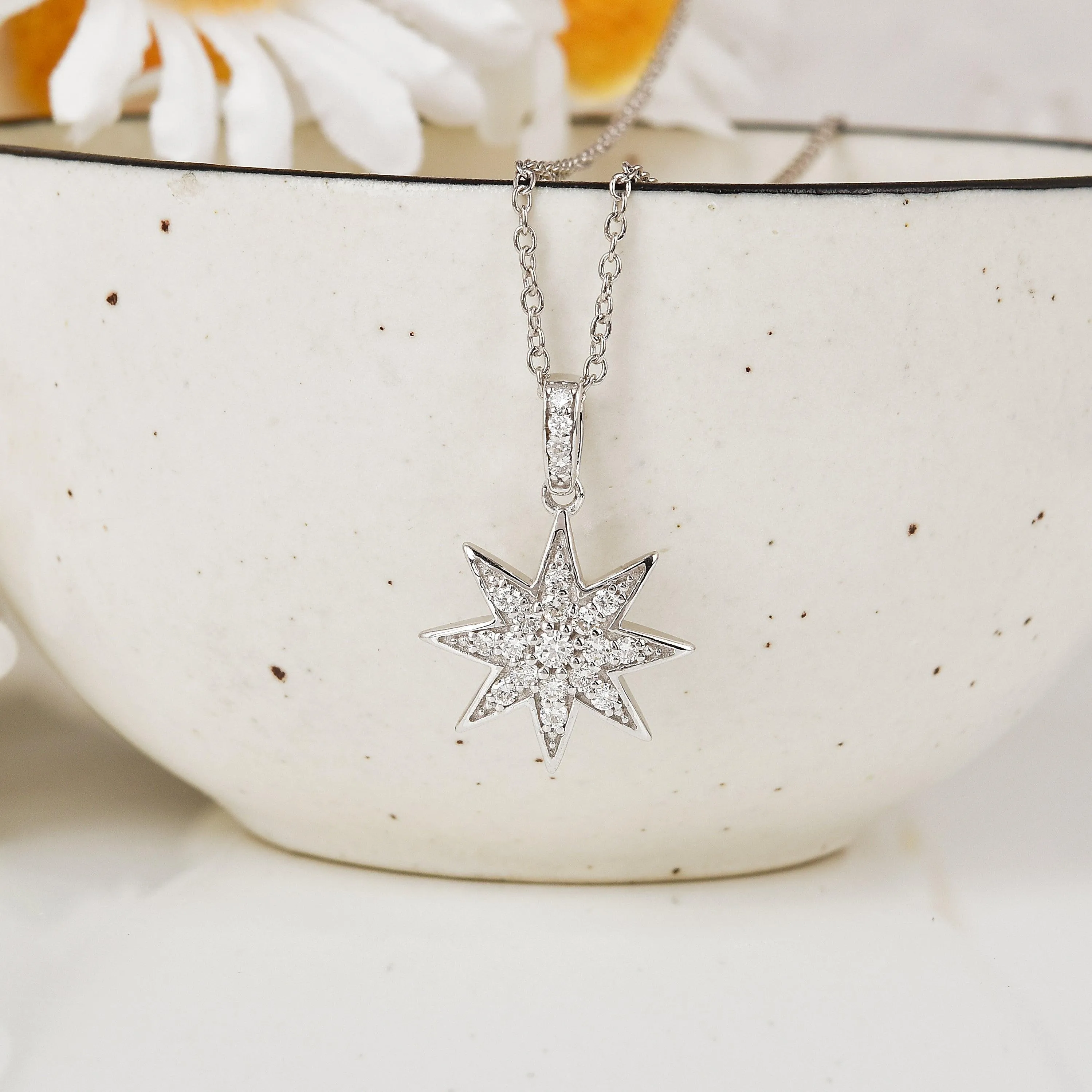 Lab Diamond Cluster Star Pendant Silver Necklace