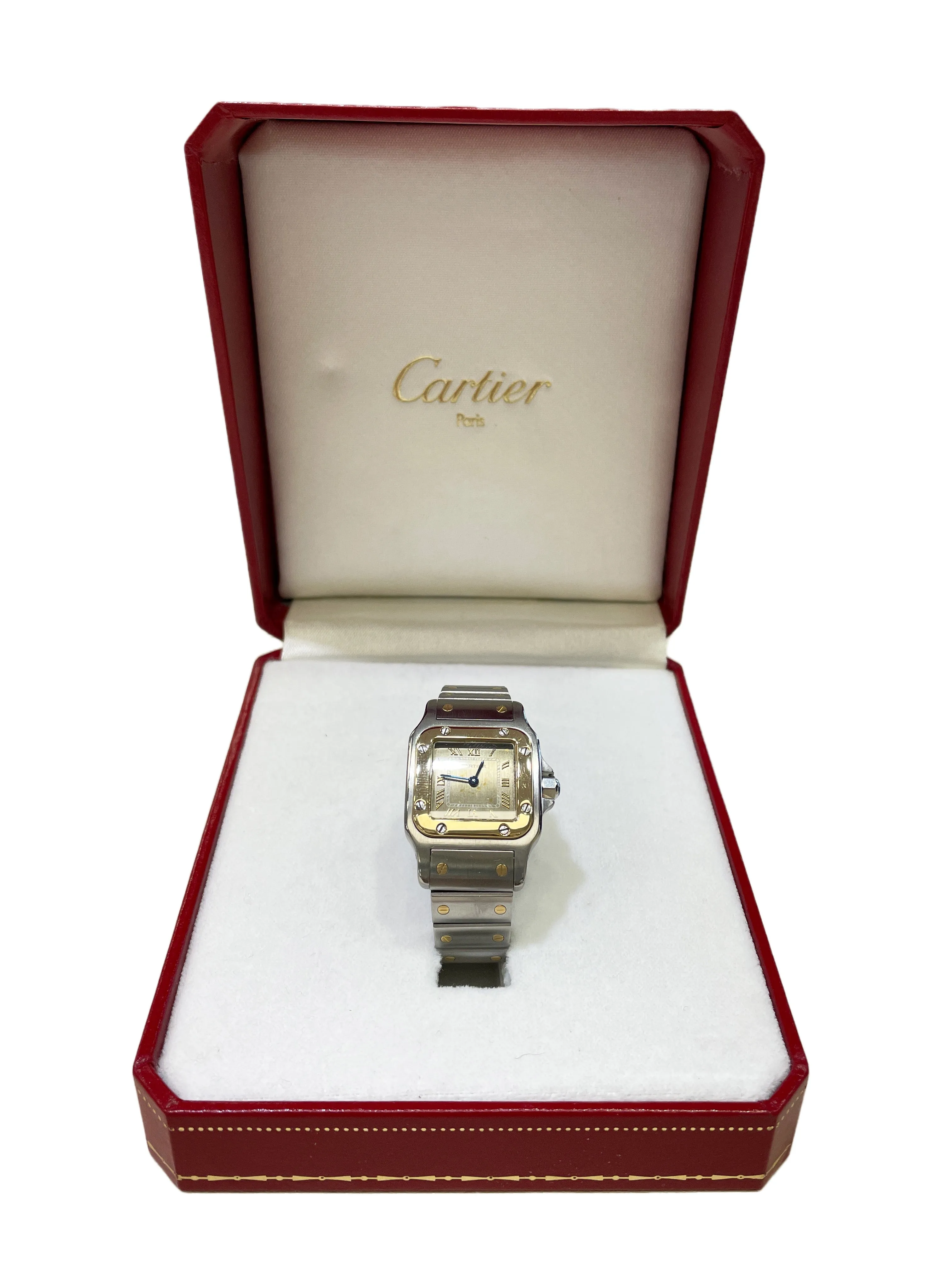 Ladies Cartier Santos Galbee Two Tone Patina Dial 24mm Quartz Watch 1057930 BOX
