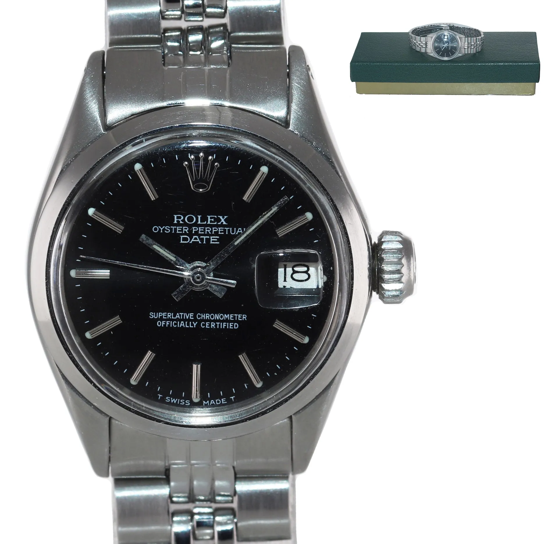 Ladies Rolex Date 6516 Steel Oyster Black Stick 24mm Watch Box