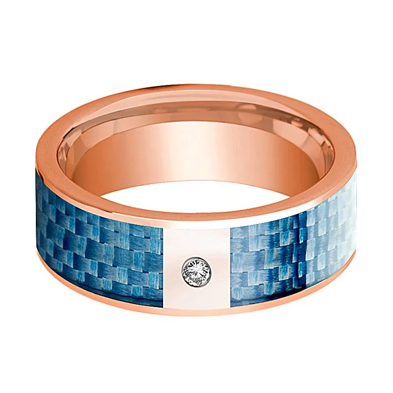 Men's 14k Rose Gold and Diamond Wedding Band with Blue Carbon Fiber Inlay Polished Design - 8MM