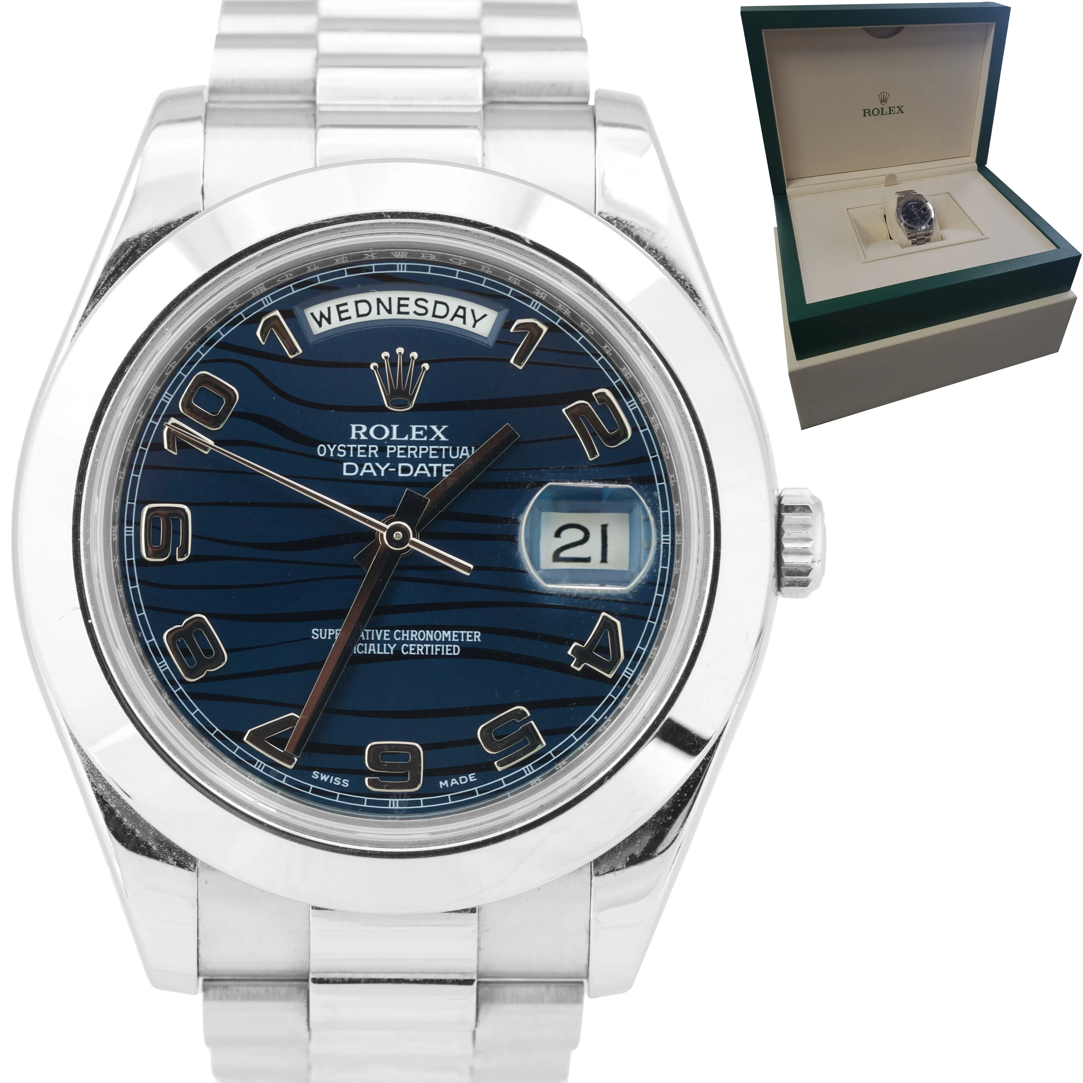 Men's Rolex Day-Date II 41mm President Blue Wave Dial Platinum Watch 218206