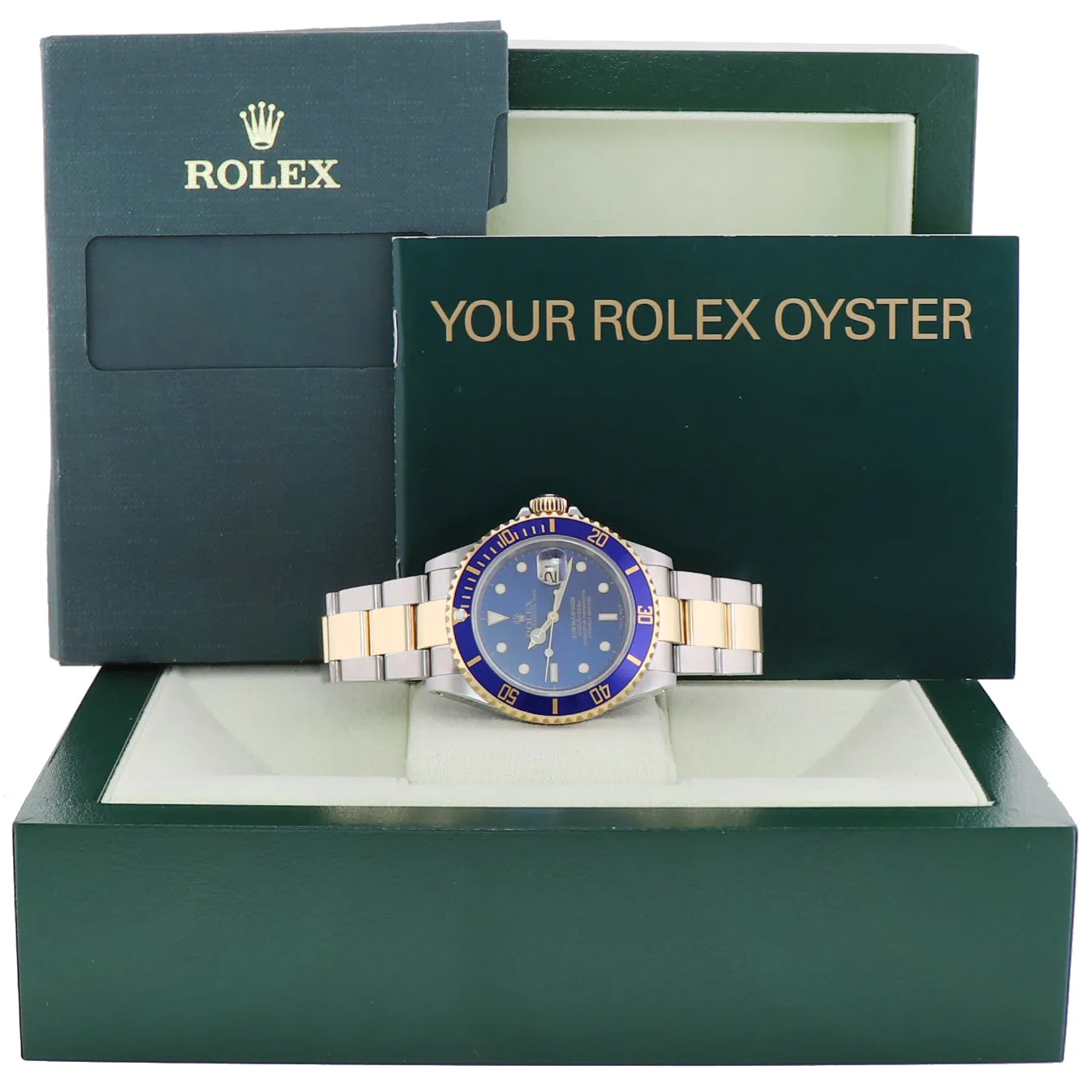 MINT 2001 Rolex Submariner 16613 Gold Steel Two Tone Gold Buckle Sunburst Blue Watch