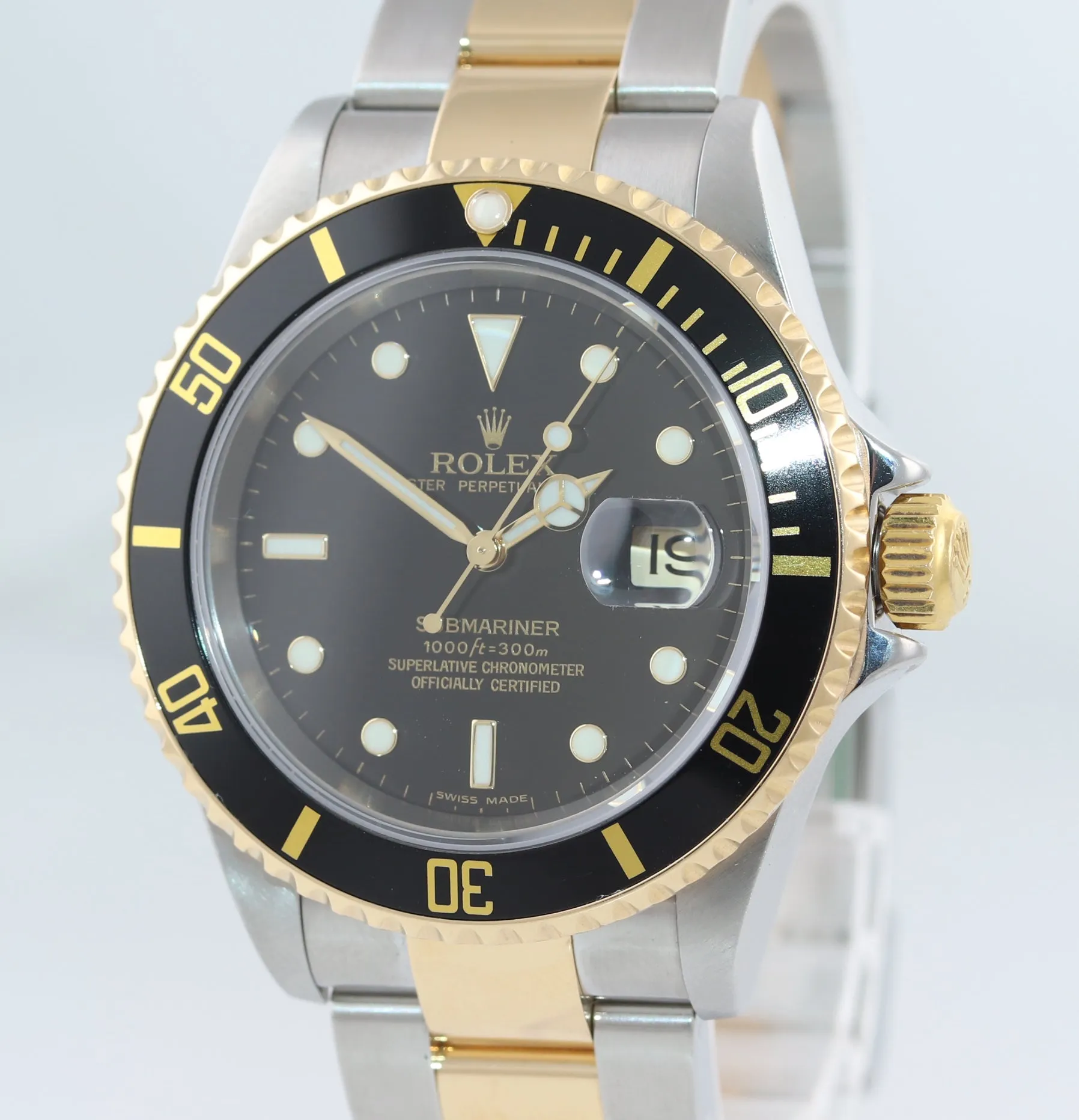 MINT 2005 NO HOLES Rolex Submariner 16613 Two Tone  Gold Black SEL Watch BOX
