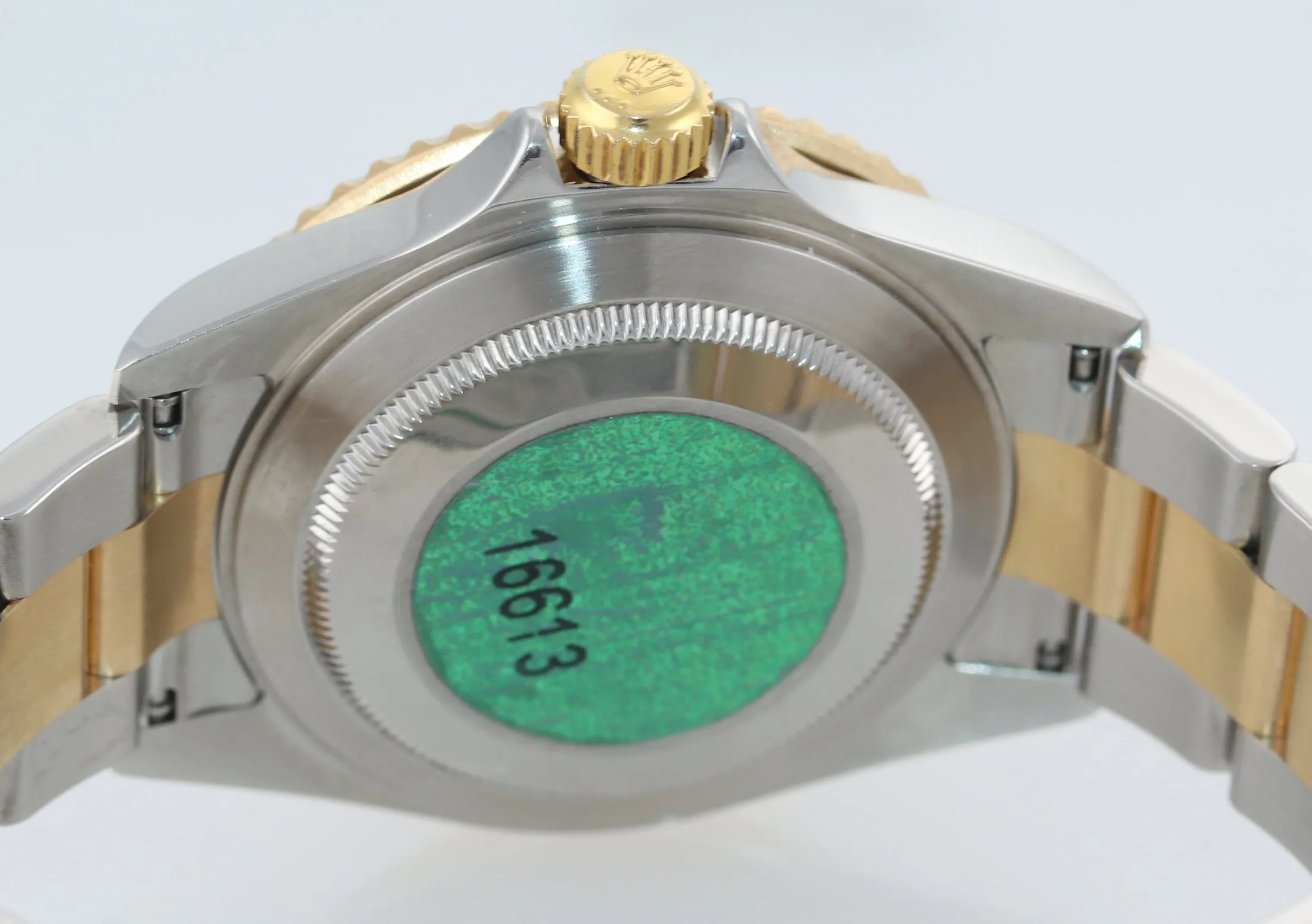 MINT 2005 NO HOLES Rolex Submariner 16613 Two Tone  Gold Black SEL Watch BOX