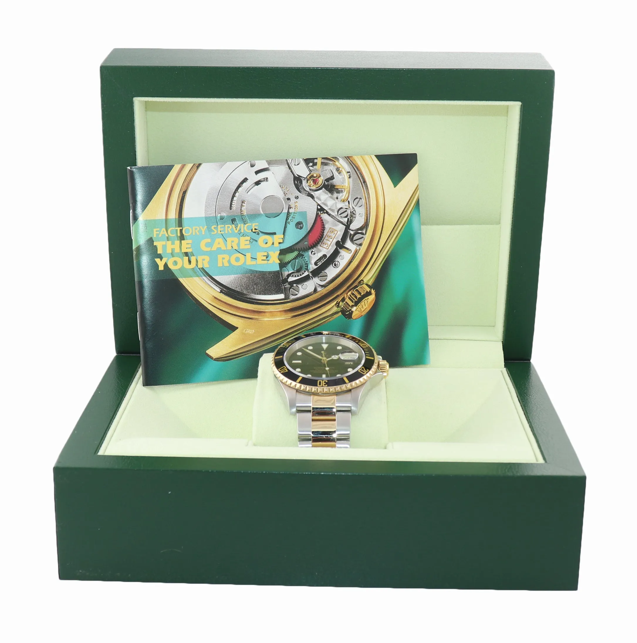MINT 2005 NO HOLES Rolex Submariner 16613 Two Tone  Gold Black SEL Watch BOX