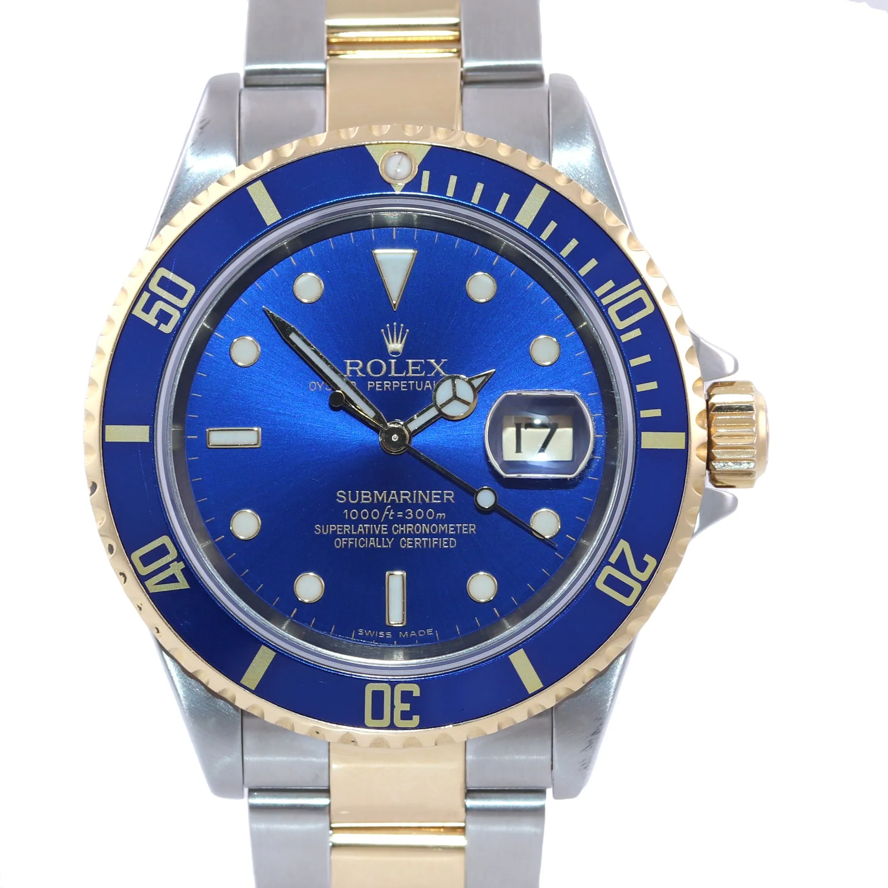 MINT 2005 Rolex Submariner 16613 Two Tone 18k Gold Buckle Blue SEL Watch Box