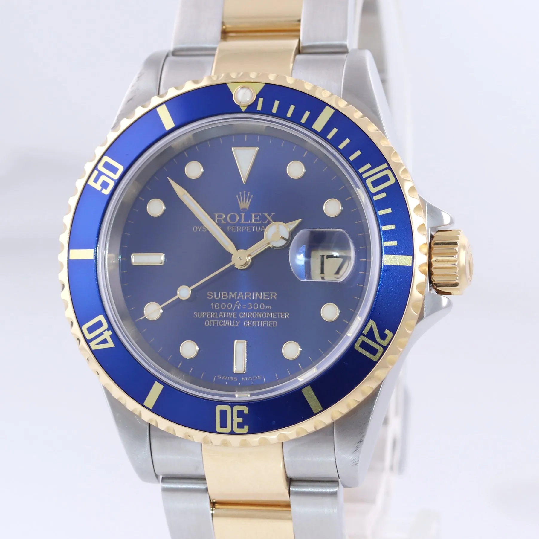 MINT 2005 Rolex Submariner 16613 Two Tone 18k Gold Buckle Blue SEL Watch Box