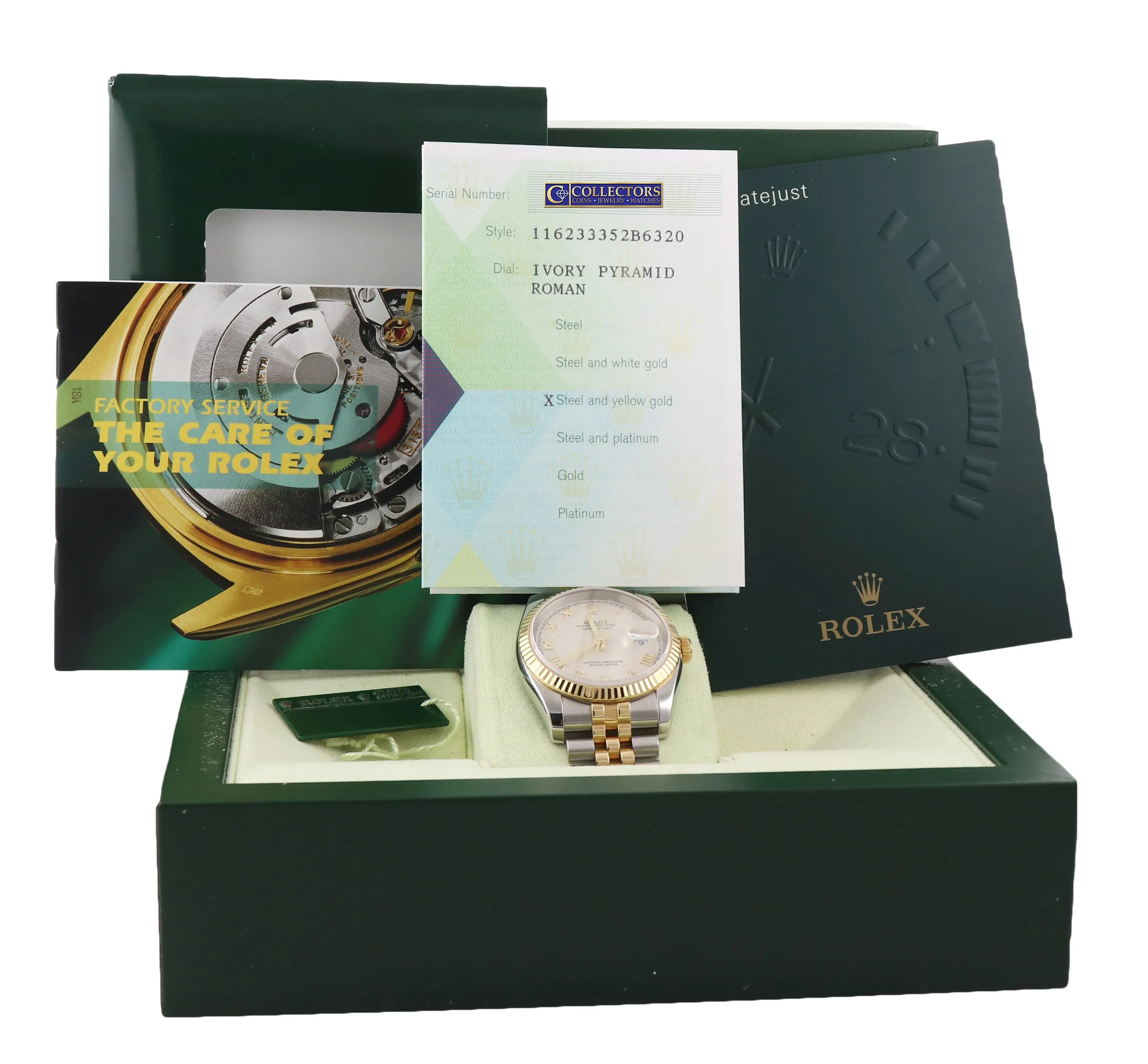 MINT BOX PAPERS Rolex DateJust Jubilee 36mm Ivory Pyramid 116233 18k Gold Watch