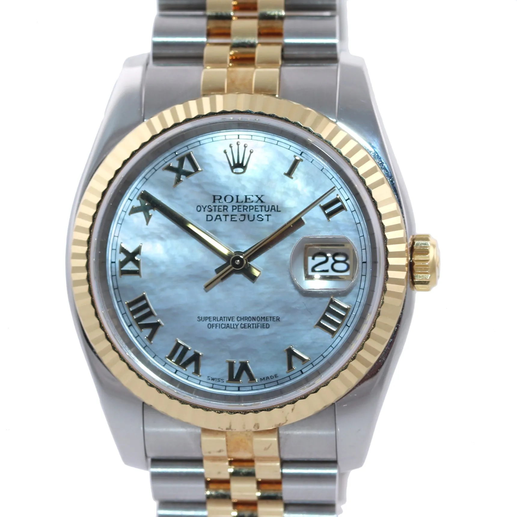 MINT PAPERS Rolex DateJust Jubilee 36mm MOP Roman 116233 18k Yellow Gold Watch