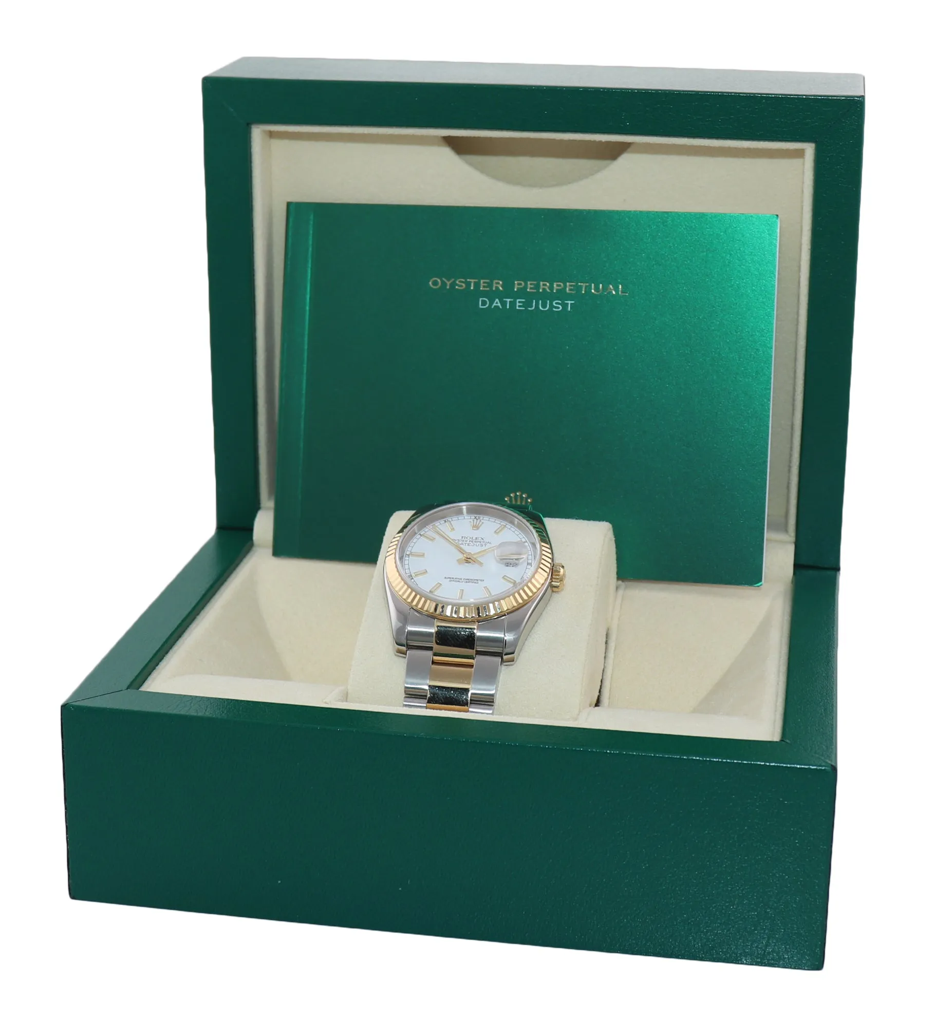 MINT Rolex DateJust 36mm White Stick 116233 18k Two Tone Gold Oyster Watch Box