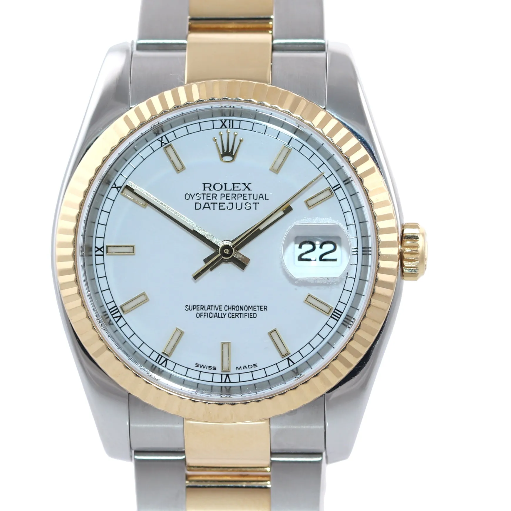 MINT Rolex DateJust 36mm White Stick 116233 18k Two Tone Gold Oyster Watch Box
