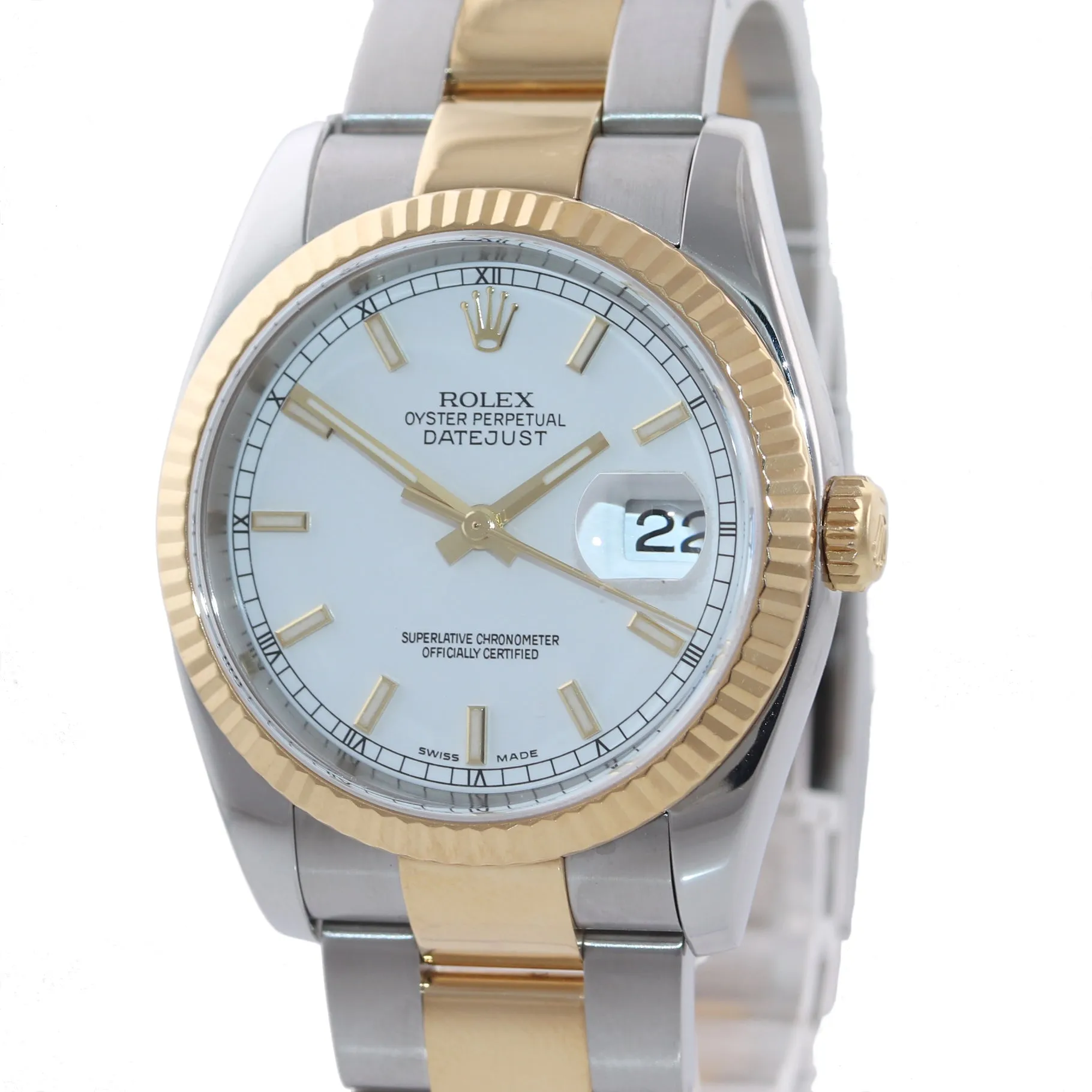 MINT Rolex DateJust 36mm White Stick 116233 18k Two Tone Gold Oyster Watch Box