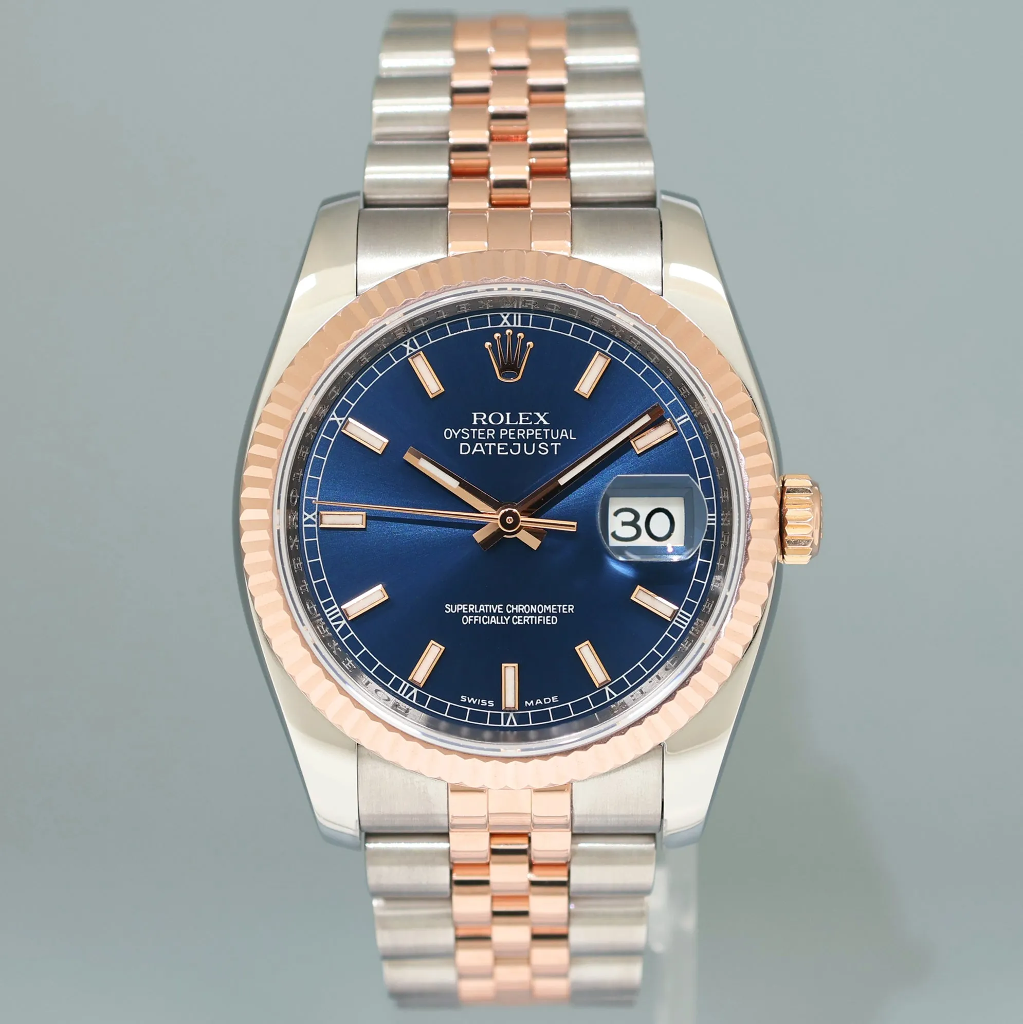 MINT Rolex DateJust Jubilee Two Tone Steel 36mm 116231 Rose Gold Blue Stick Watch