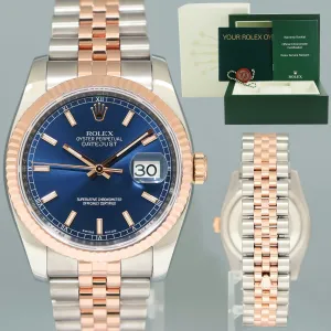 MINT Rolex DateJust Jubilee Two Tone Steel 36mm 116231 Rose Gold Blue Stick Watch