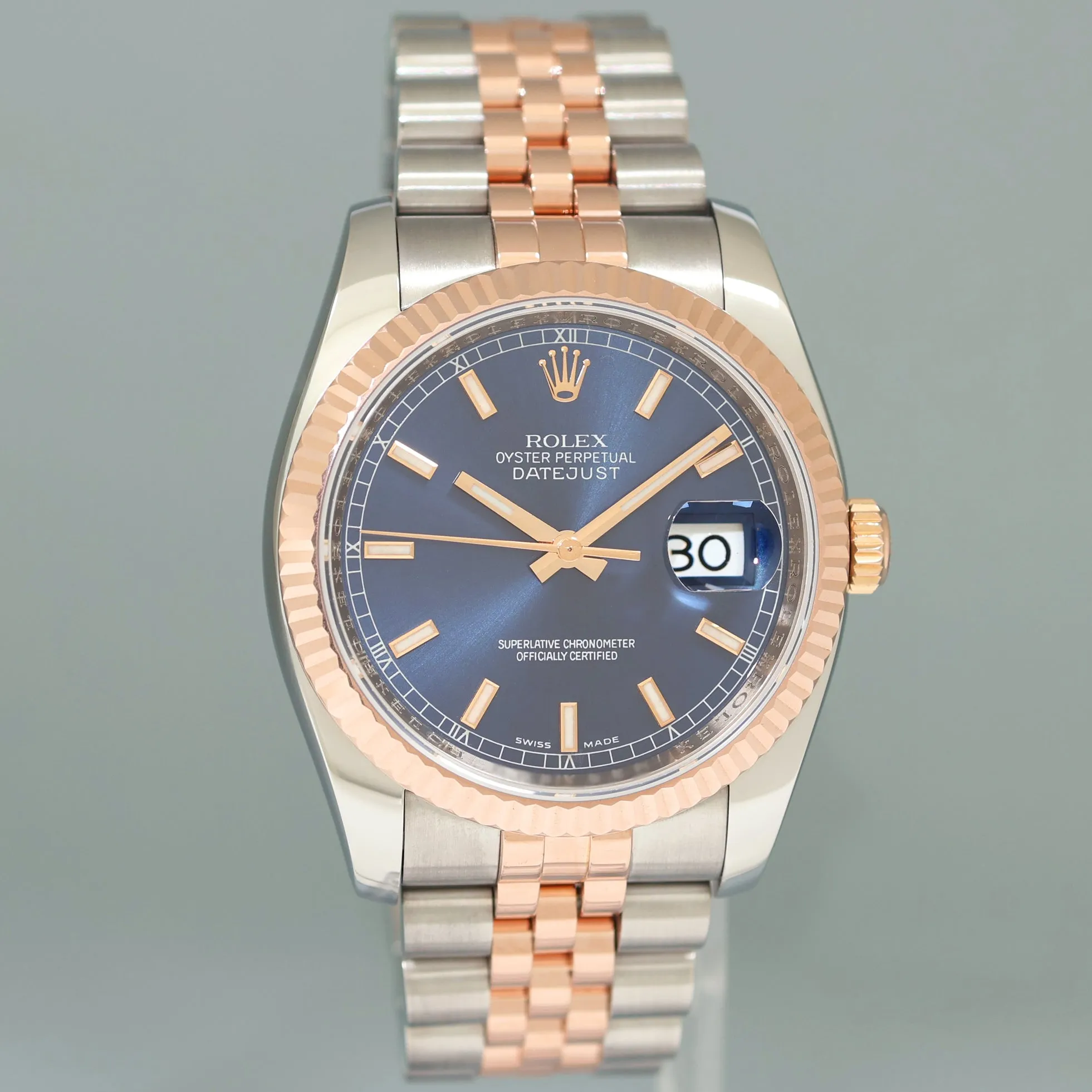 MINT Rolex DateJust Jubilee Two Tone Steel 36mm 116231 Rose Gold Blue Stick Watch