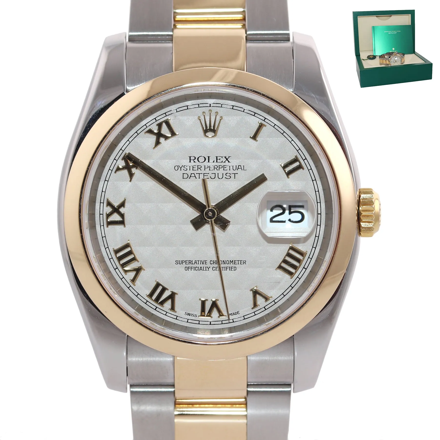 MINT Rolex DateJust Two Tone Oyster 36mm Ivory Pyramid 116203 18k Gold Watch Box