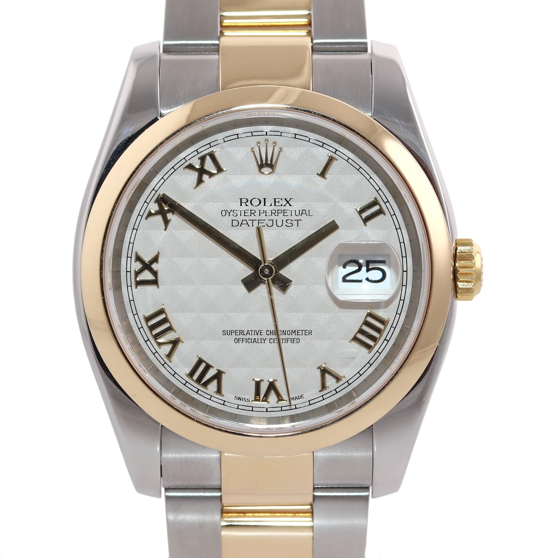MINT Rolex DateJust Two Tone Oyster 36mm Ivory Pyramid 116203 18k Gold Watch Box