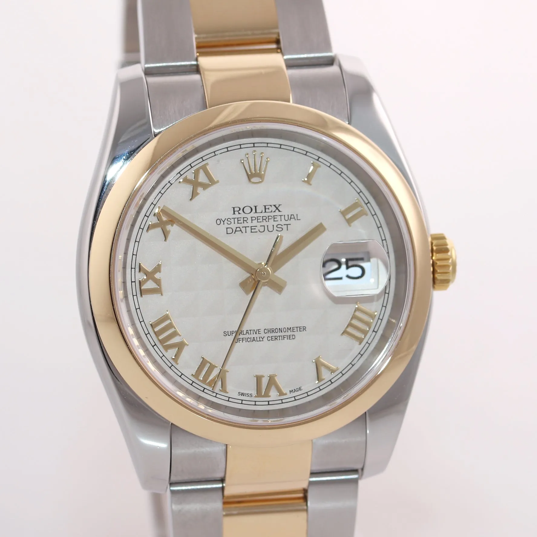 MINT Rolex DateJust Two Tone Oyster 36mm Ivory Pyramid 116203 18k Gold Watch Box