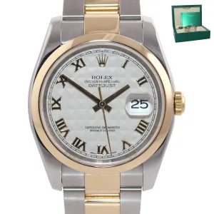 MINT Rolex DateJust Two Tone Oyster 36mm Ivory Pyramid 116203 18k Gold Watch Box