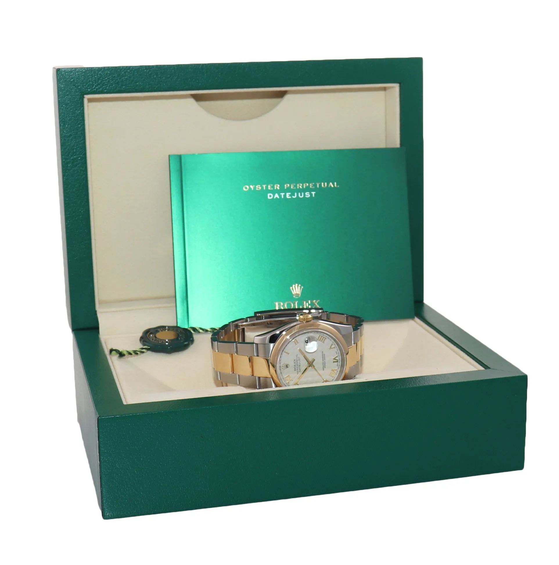 MINT Rolex DateJust Two Tone Oyster 36mm Ivory Pyramid 116203 18k Gold Watch Box