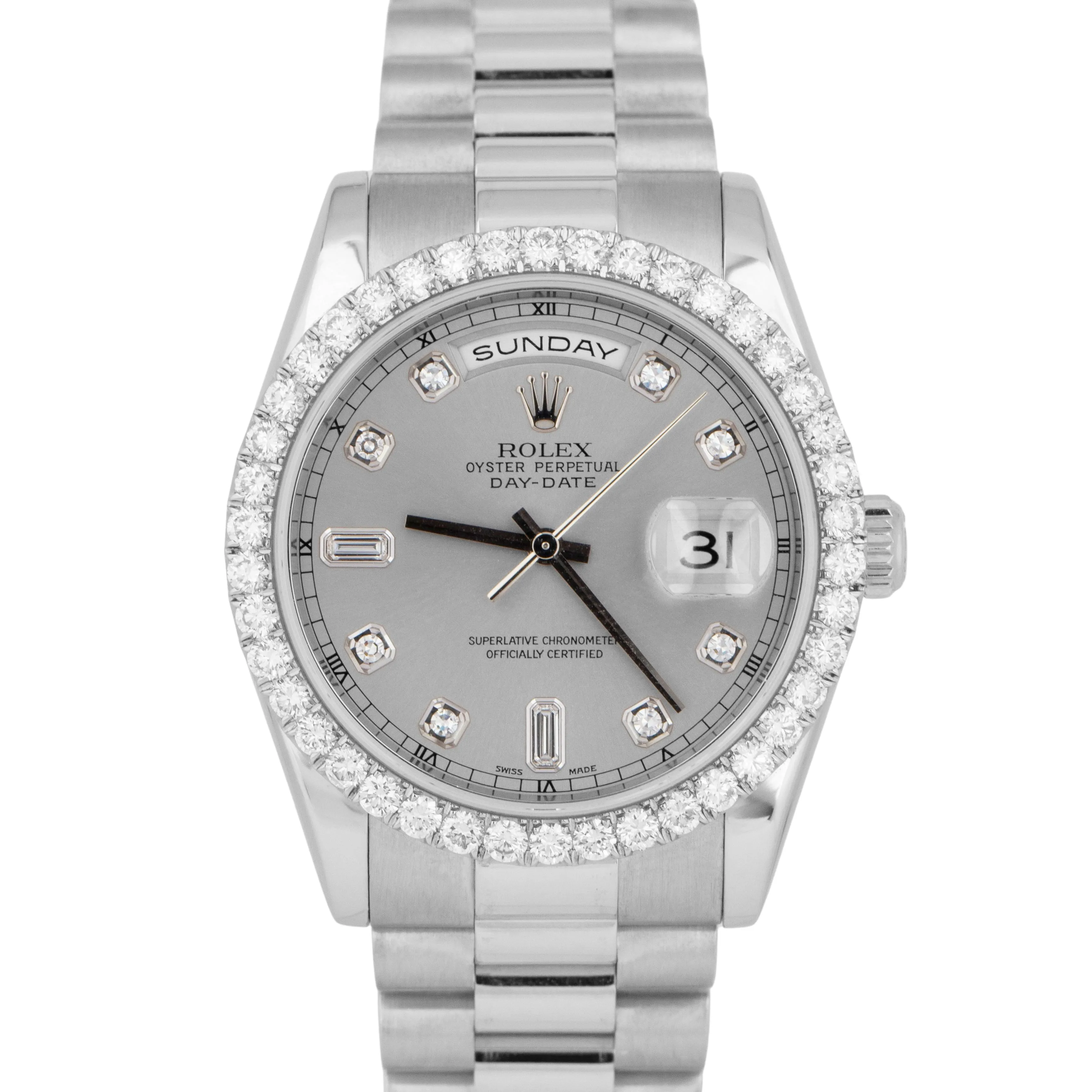 MINT Rolex Day-Date Presidential 36mm Silver DIAMOND 950 Platinum Watch 118206