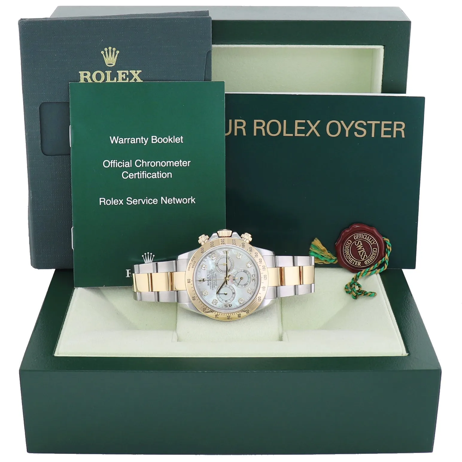 MINT Rolex Daytona 116523 Mother of Pearl MOP Diamond Yellow Gold Two Tone Watch