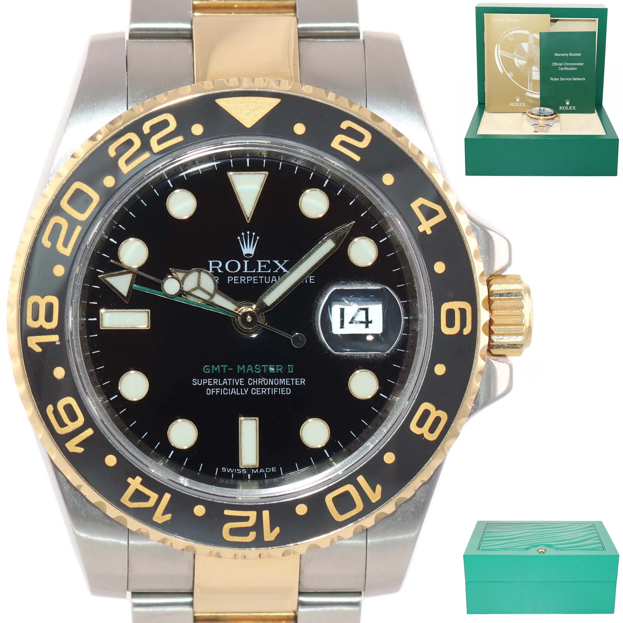 MINT Rolex GMT-Master 2 Ceramic 116713 Black Green Two Tone Steel Gold Watch Box