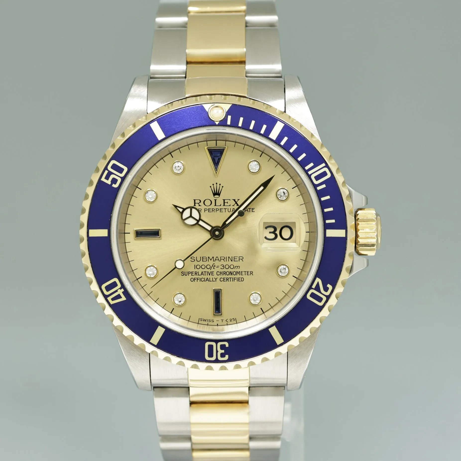 MINT Rolex Submariner 16613 Two Tone Gold Champagne Serti Diamond Watch Box