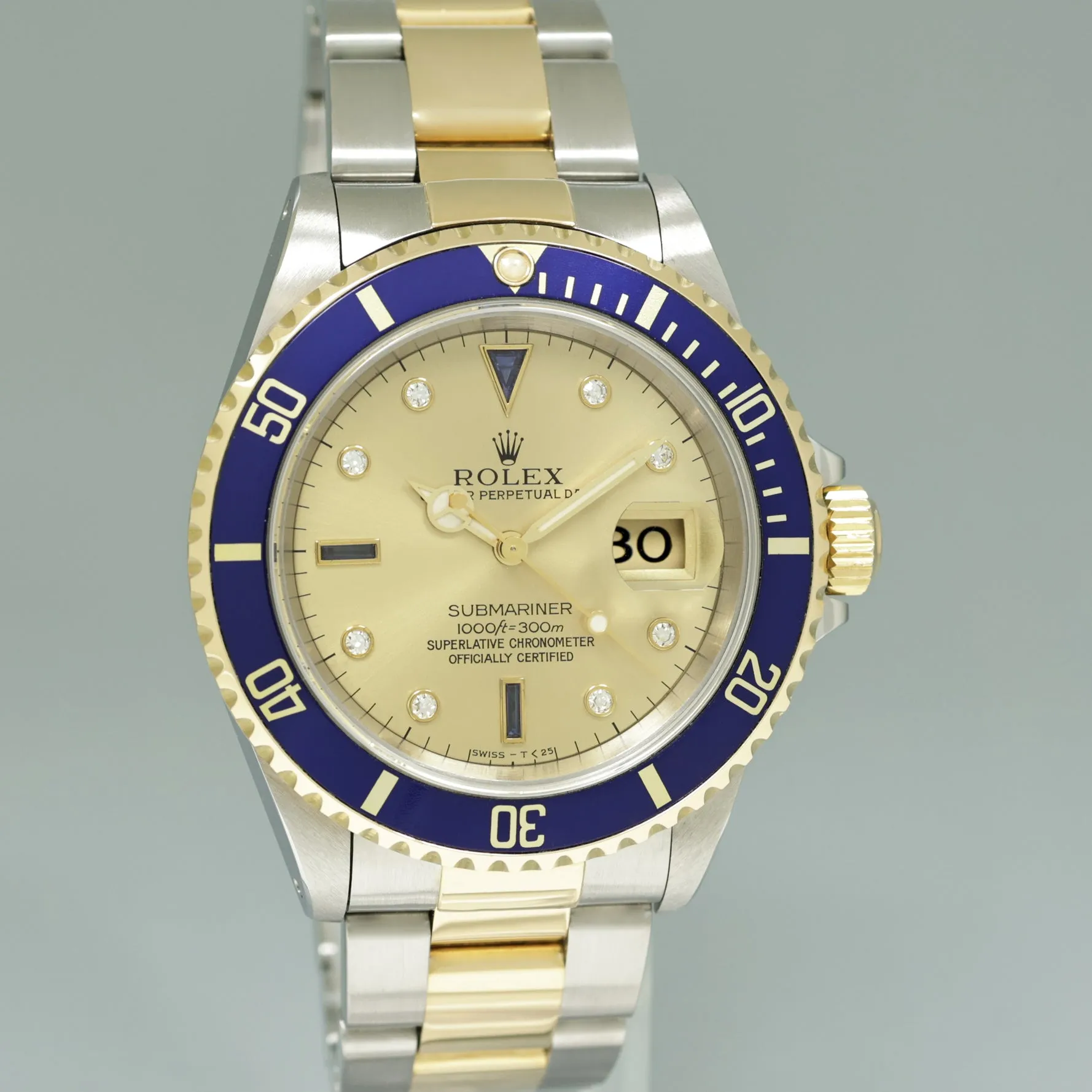 MINT Rolex Submariner 16613 Two Tone Gold Champagne Serti Diamond Watch Box