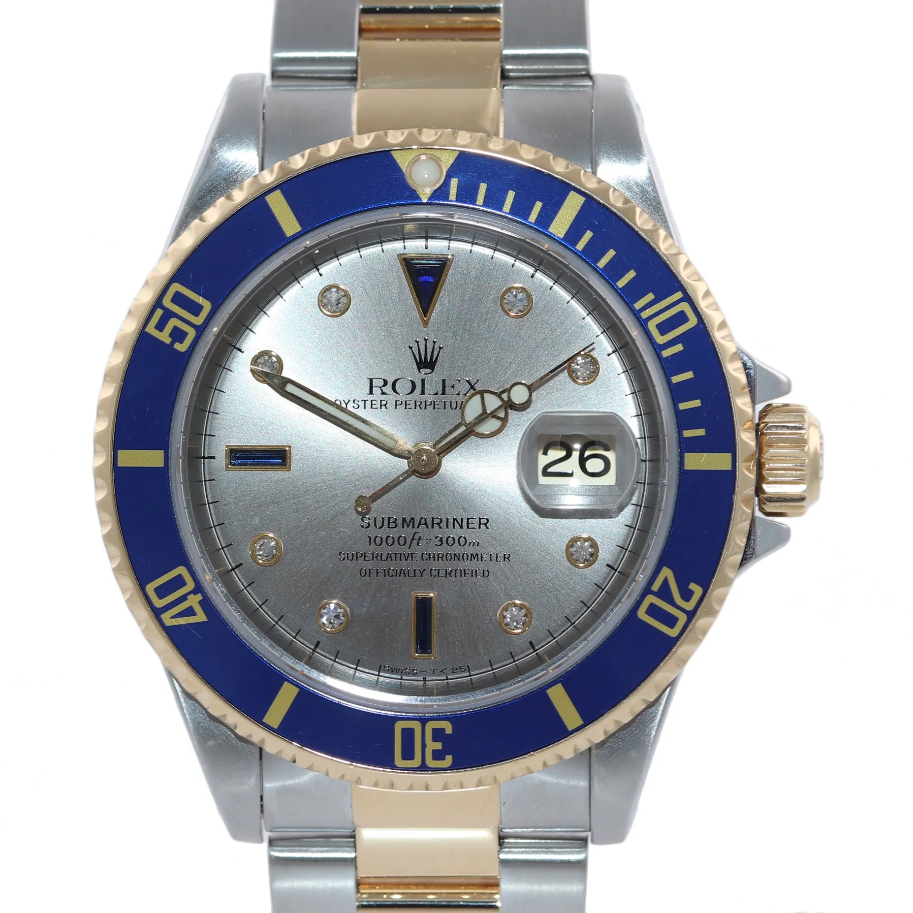 MINT Rolex Submariner 16613 Two Tone Serti Diamond 18k Yellow Gold Watch Box