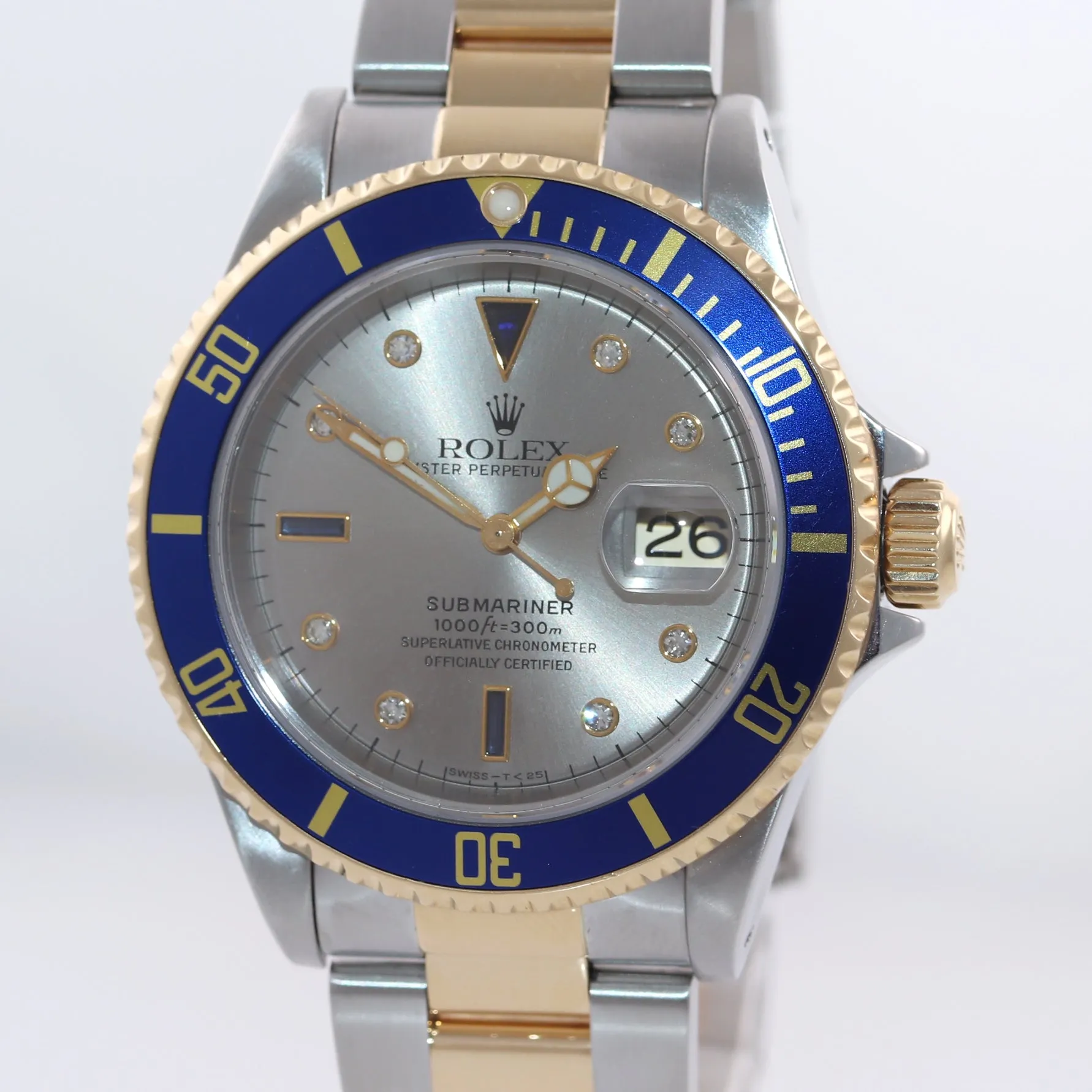 MINT Rolex Submariner 16613 Two Tone Serti Diamond 18k Yellow Gold Watch Box