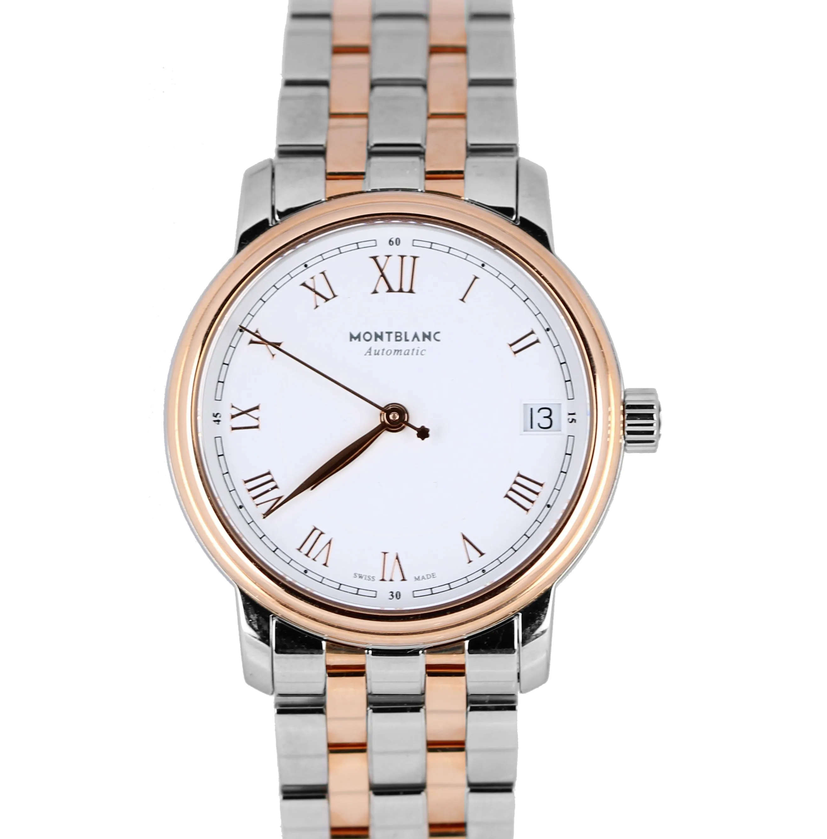 Mont Blanc Tradition 18k Rose Gold Stainless Two Tone 37mm White 114369 Watch