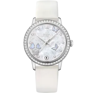 Omega De Ville Prestige 32.7 mm, white gold on leather strap