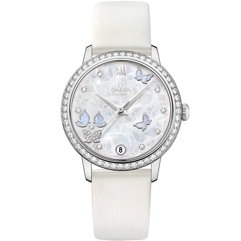 Omega De Ville Prestige 32.7 mm, white gold on leather strap