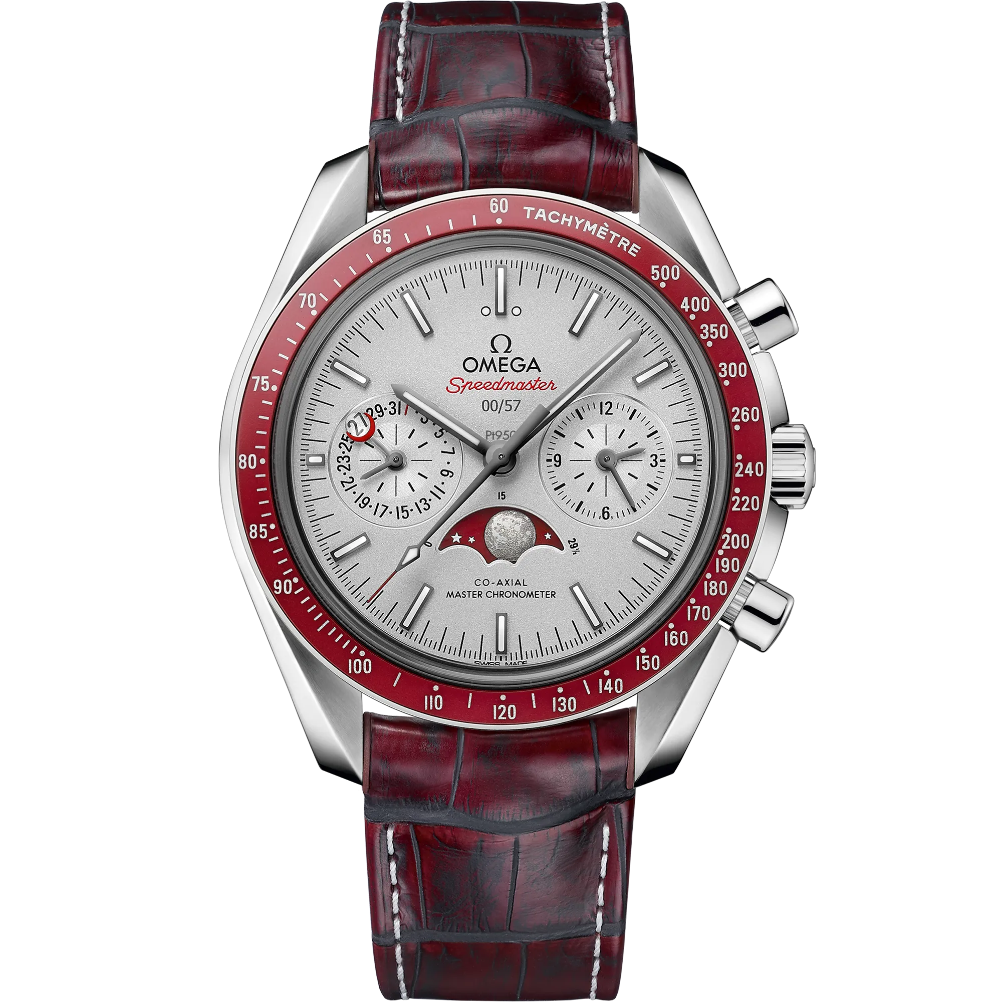 Omega Speedmaster Moonphase 44.25 mm, platinum on leather strap