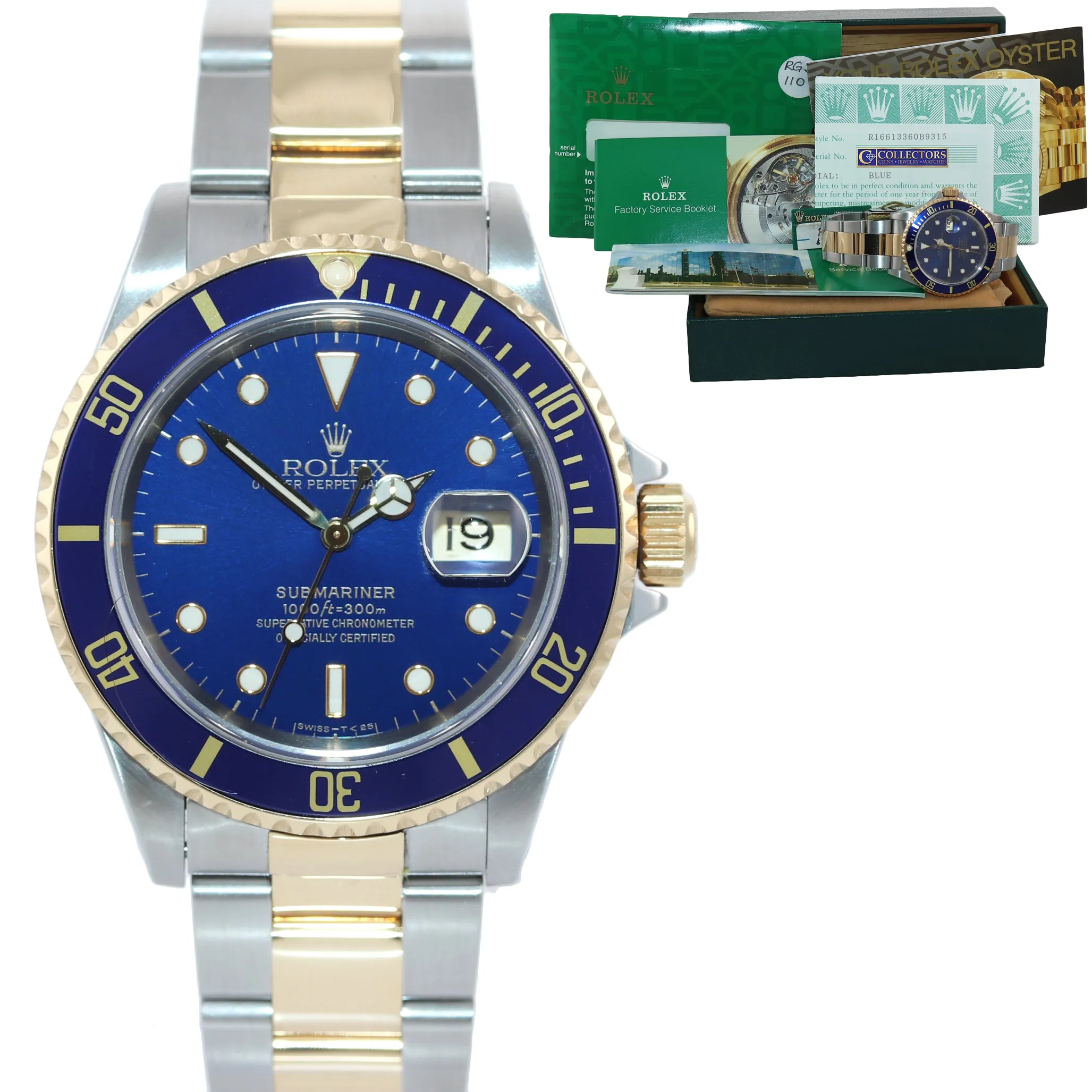 PAPERS 1998 Rolex Submariner 16613 Two Tone 18k Yellow Gold Blue 40mm Watch Box