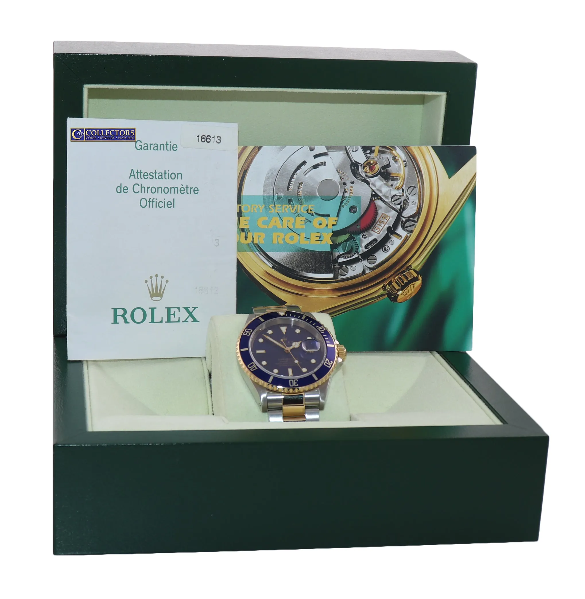 PAPERS 2002 Rolex Submariner 16613 Two Tone 18k Yellow Gold Blue Sunburst Watch