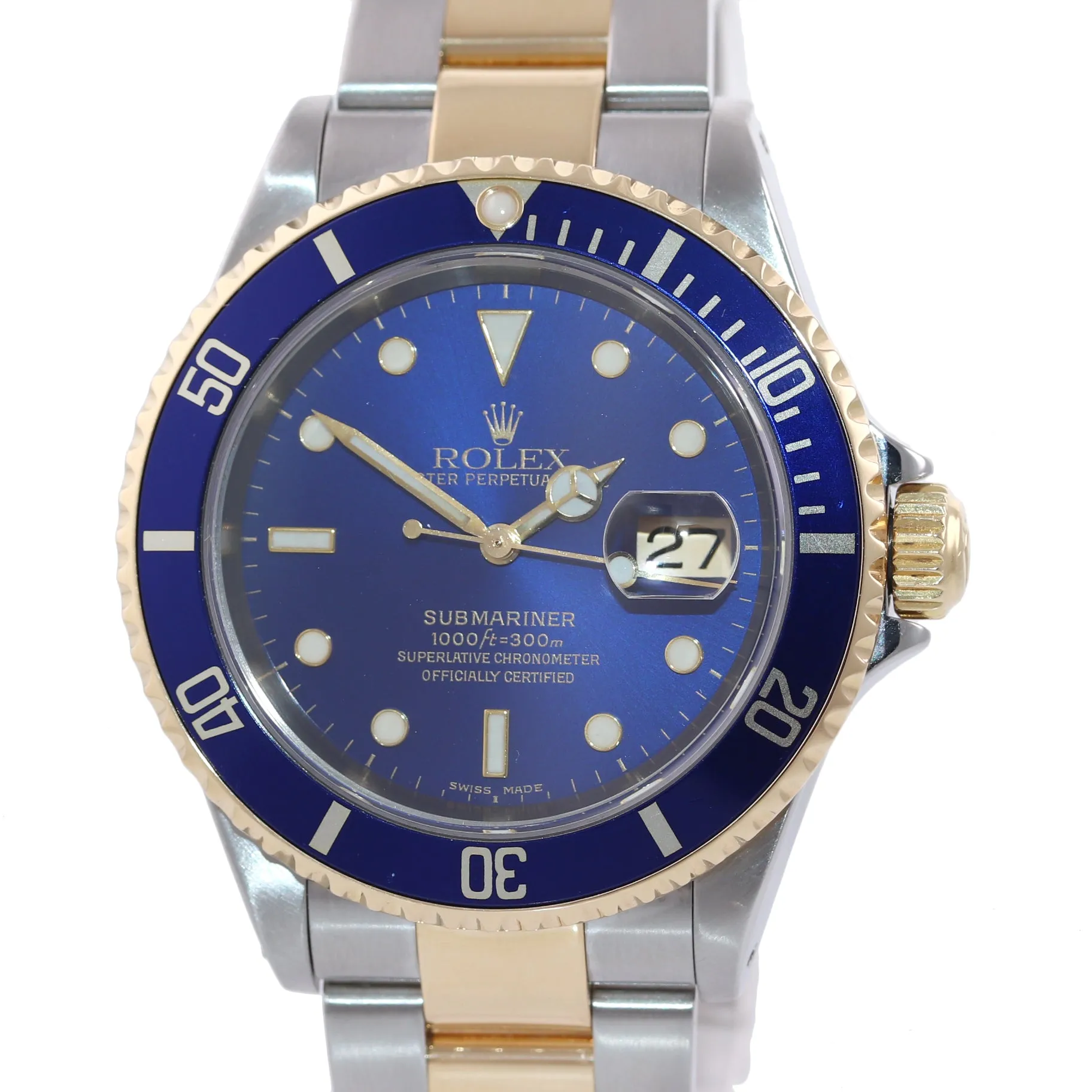 PAPERS 2002 Rolex Submariner 16613 Two Tone 18k Yellow Gold Blue Sunburst Watch
